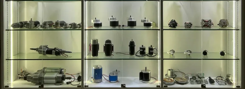 AMOTIC showroom shelves with DC gear motors, PMDC motors and small appliance motors